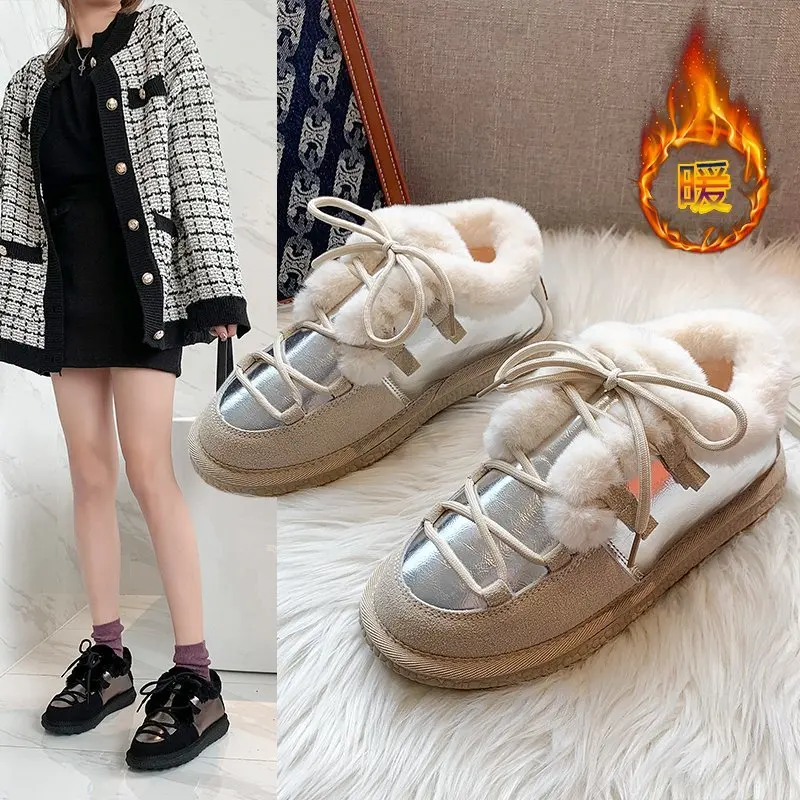 

Женские зимние ботинки, обувь на плоской подошве, плюшевые ботильоны на платформе, лакированная кожа, удобная мягкая зимняя обувь с бархатн...