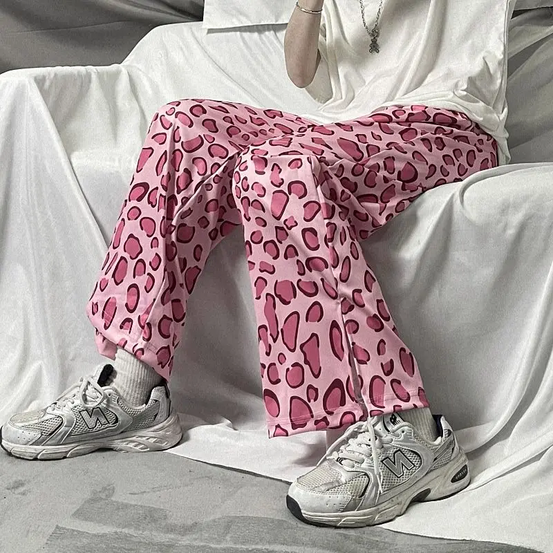 2021 leg trousers female summer ins fried street pink leopard print straight casual pants loose bf high waist slim pants tren