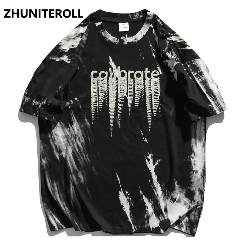

Tie-Dyed T-Shirt Men Gothic Letter Print Fashion Short Sleeve Cotton Harajuku Casual Tees Shirt Hip Hop Loose Tops Streetwear