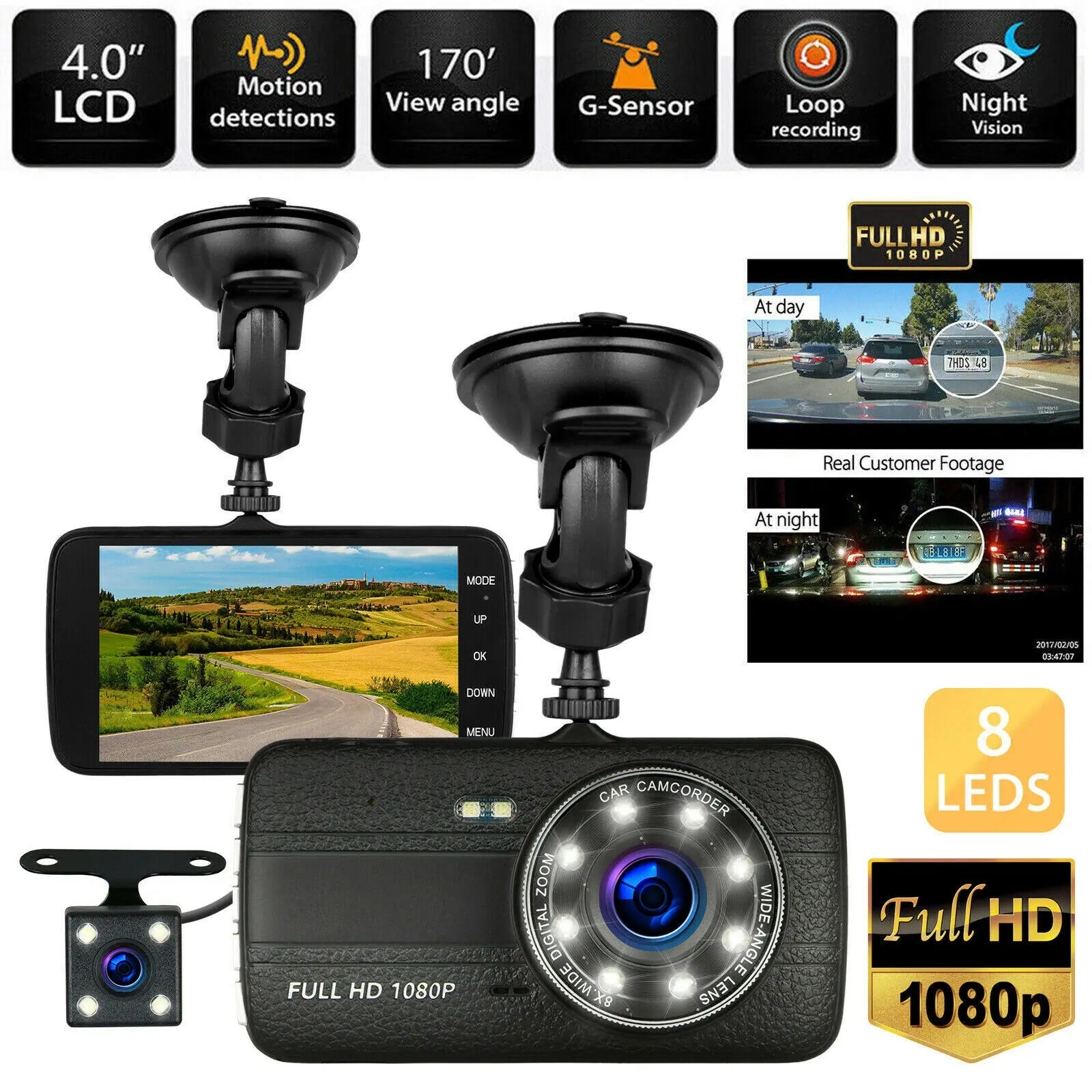 4 &quot1080 P двойной объектив приборной панели автомобиля DVR видео рекордер Dash Cam с 8