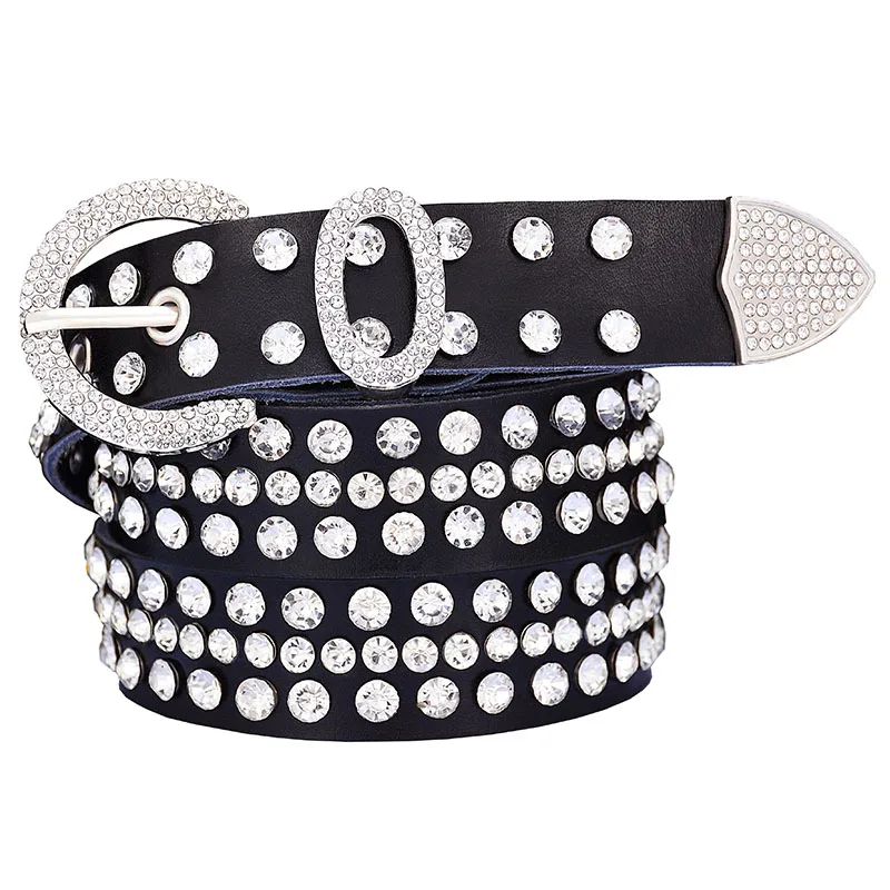 Black Fashion genuine leather rhinestone belts for women Luxury shining silver ring Pin Buckle belt female jeans strap width 2.8 cm - Цвет: Black