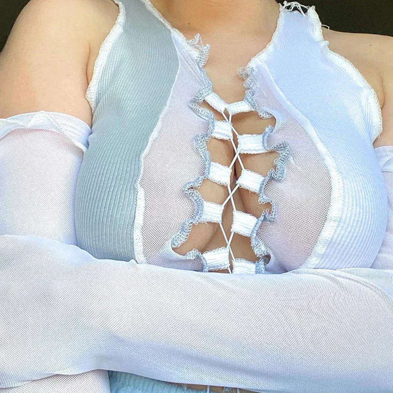 

Women Sexy v-neck hollow out sexy camisole Cute Ribbed knitting crop tops club party wear T-shirt Tee