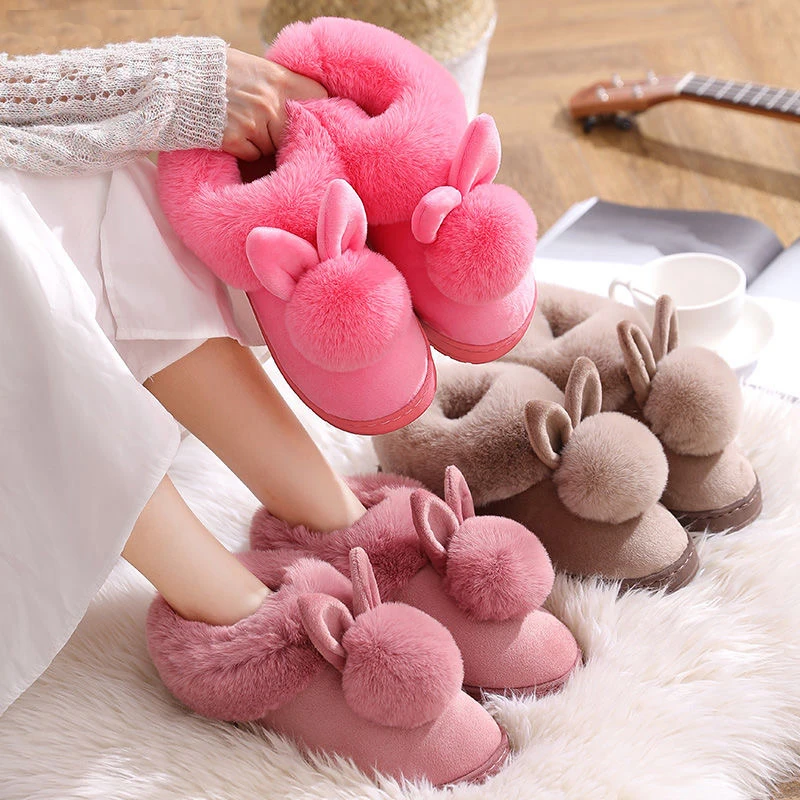 

Autumn Winter Cotton Slippers Fur Rabbit Home Warm Thick Bottom Indoor Cotton Shoes Womens Slippers Cute Fluffy Cat Slippers