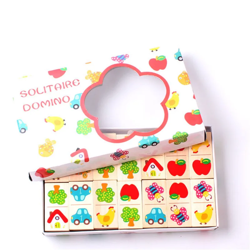 

28Pcs Wooden Domino Blocks Fruit Animal Recognize Toys Educational Jigsaw Children's Montessori Building Blocks Learning Toy Set