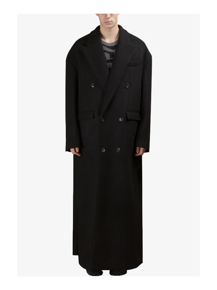 

Мужское шерстяное пальто с лацканами, черное ультрадлинное дизайнерское свободное молодежное модное Трендовое универсальное пальто больш...