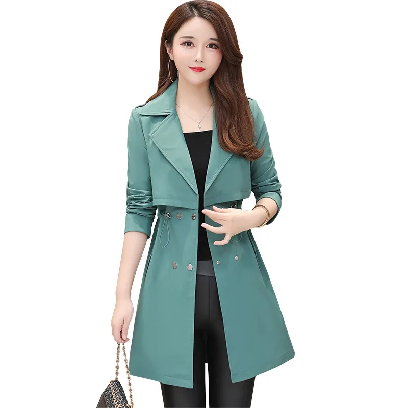 

Women Trench Coat 2021 NEW Korean Fashion Suit Collar Long Sleeve Drawstring Mid-length Windbreaker Female Outerwear Basic Coats