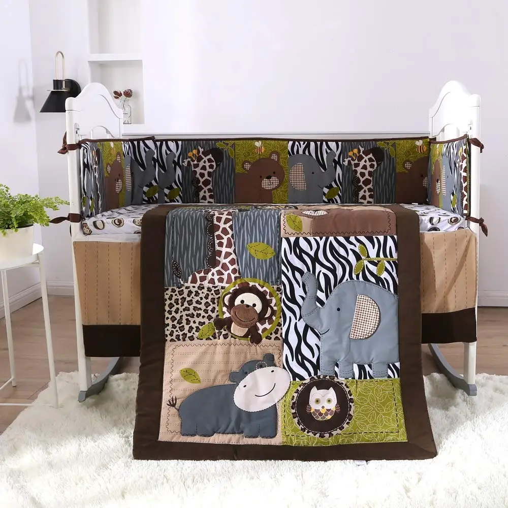

7PCS Embroidery baby crib bedding set cot bedding Baby Cot Protector tour de lit bébé (4bumper+duvet+bed cover+bed skirt)