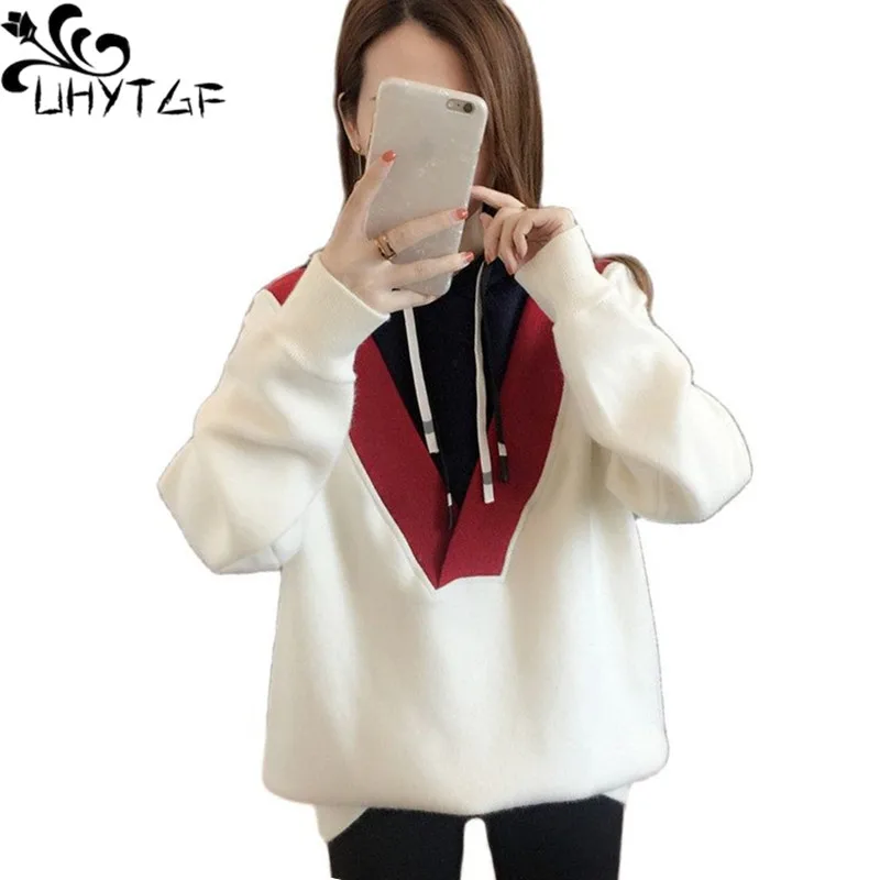 Качественный вязаный женский свитер UHYTGF, пуловер с капюшоном, повседневный теплый осенне-зимний свитер, пальто, свободный женский топ размера 2278