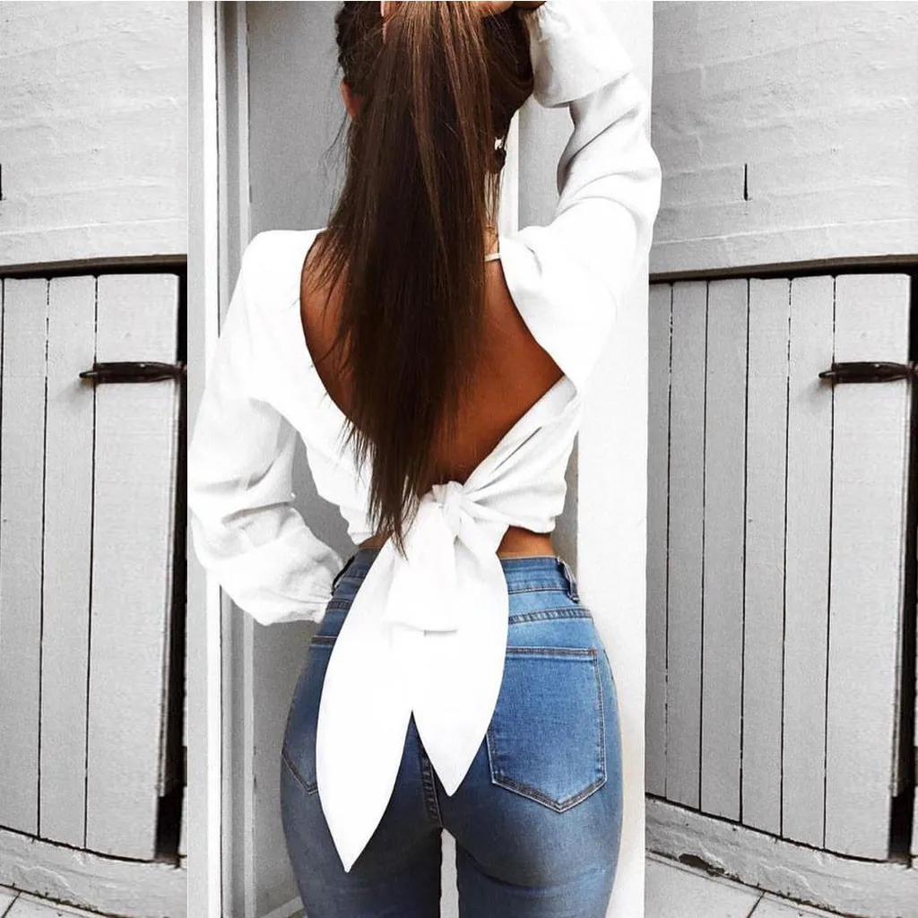 

Women White Blouse Sexy Solid Backless Hollow Out Bowtie Tops Long Sleeve Backless Bow Knot Blouse Lantern Sleeve Shirt