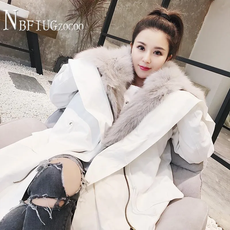 Winter Faux Fox Fur Lining Detachable Women Parkas Long Style Warm Female Overcoat