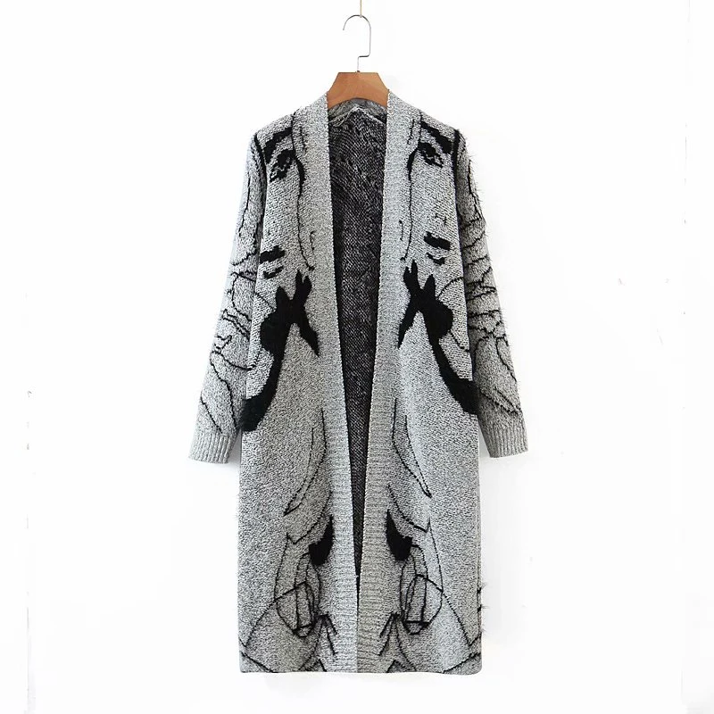 

Nice Vintage Woman Grey Embroidery Long Cardigan Fad Spring-Autumn Fashion Soft V Neck Knitted Sweaters Ladies Casual Knitwear