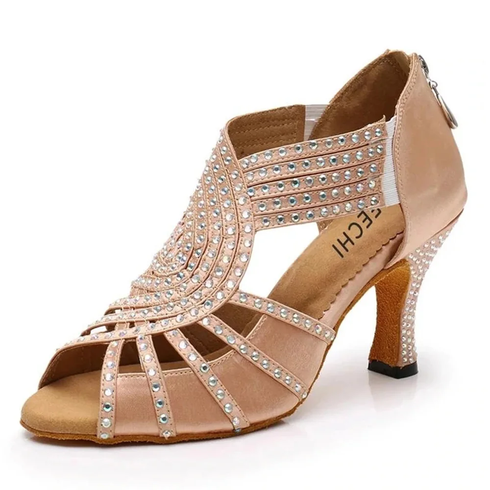 Latin Pointe Dance Shoes  Rumba Samba Gold Flash Rhinestones Ballroom Dancing Shoes Medium Heel Women Diamond Party Salsa Shoes