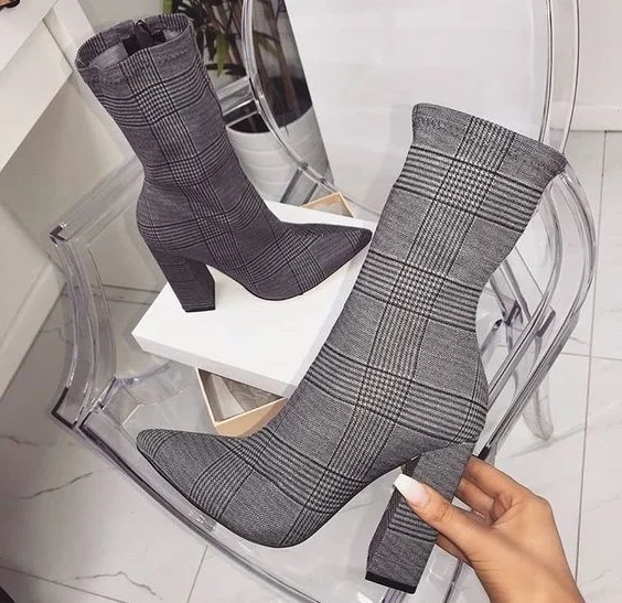 

new Women's short boots autumn and winter pointed Plaid high heeled shoes Knight Boots Size 42