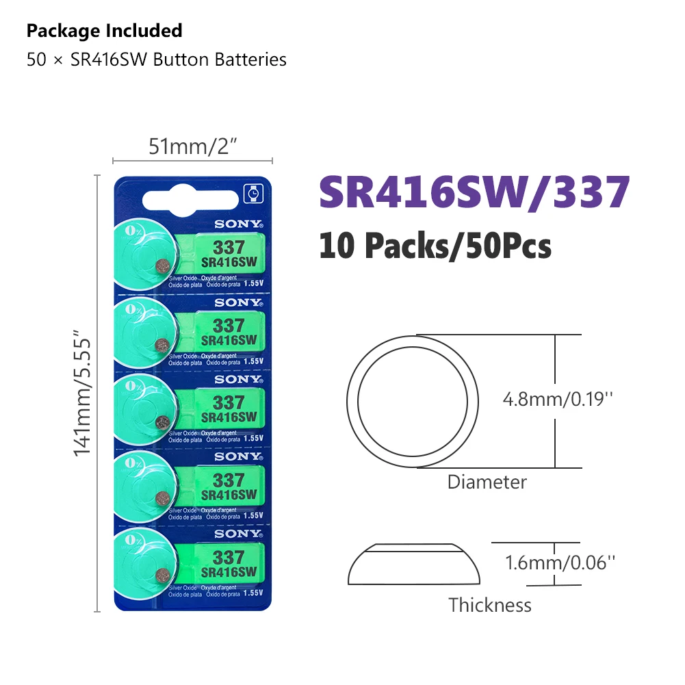 50 шт. Sony Новый долговечный 1 55 в 337 SR416SW 623 D337 V337 SP337 часы Серебряный оксид батарейка