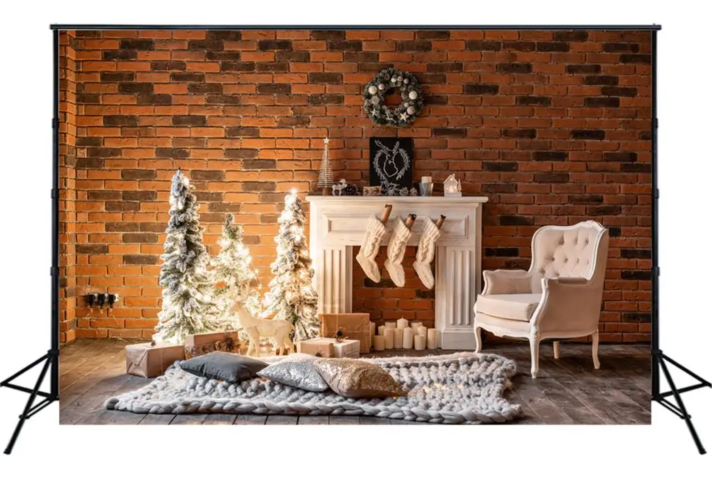 

Christmas Fireplace Backdrop Red Brick Wall Wood Floor Christmas Tree Background Children Portrait Photobooth Banner Decor W3500