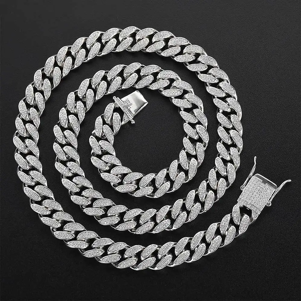 

12mm Hip Hop Fashion Double Row CZ Stone Bling Iced Out Cuban Chain Rock Necklace for Men Women Rapper Jewelry