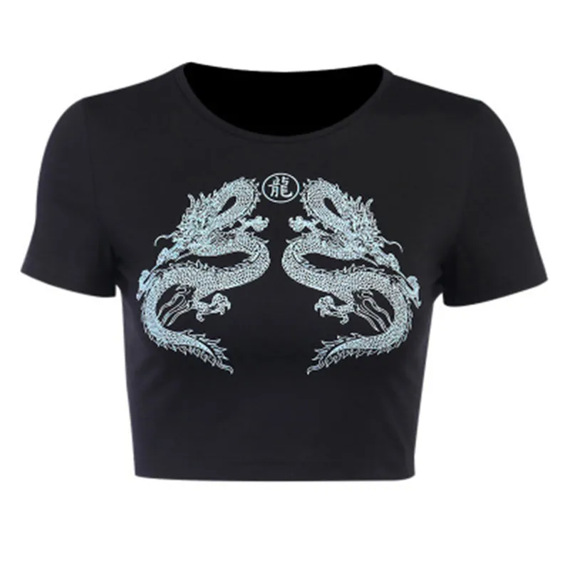 

Cotton T-shirt Women Streetwear Gothic Dragon Print Bodycon TopsHarajuku Sexy Black T-shirts Casual Female Summer T shirt