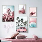 Розовый автобус, пляж, морская пальма, кактус, кактус, скандинавские плакаты и принты, настенная живопись на холсте, настенные картины для декора гостиной