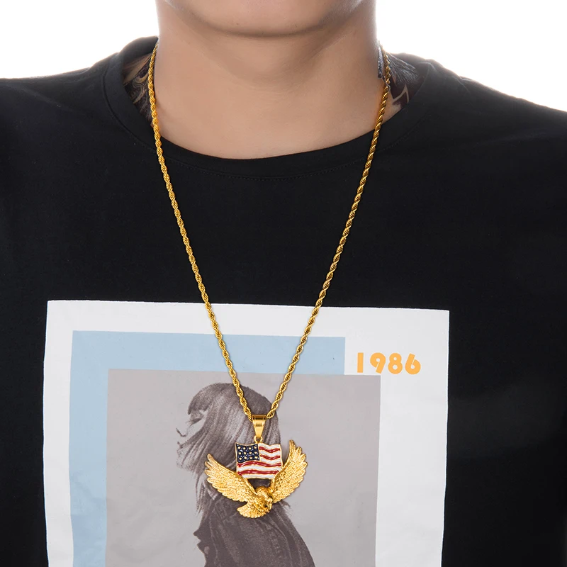 Iced Out Bling Американский Флаг Орел проложили Rhinestoned Нержавеющая сталь ожерелье и подвески для мужчин хип хоп ювелирные изделия