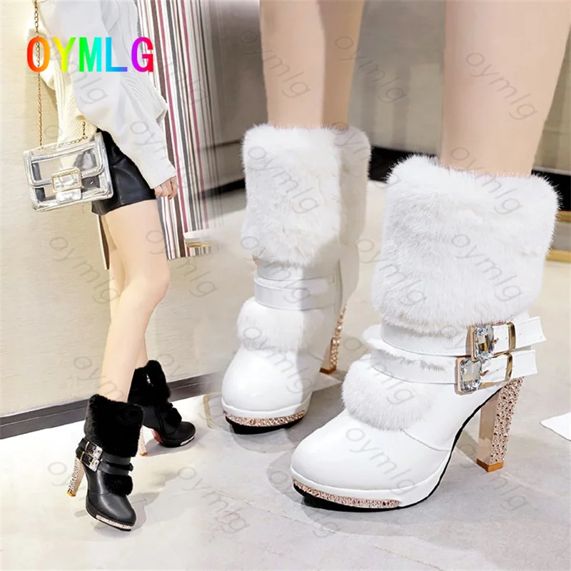 

2021 autumn and winter new high-heeled belt buckle hairy middle boots rhinestone thick heel fashion women's boots snow boots