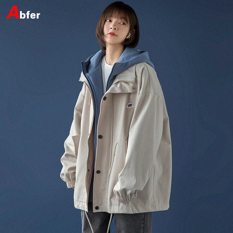 

Abfer Zip Up Coat And Jackets Women Autumn Mock Two-Piece Oversized Coats Woman Winter 2021 Harajuku Basic Hooded Outerwear