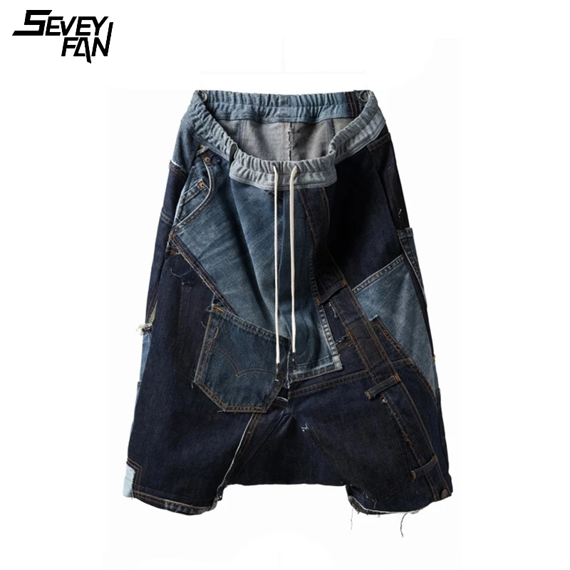

Hi Street Cargo Denim Shorts Retro Patchwork Harem Blue Jeans Short Streetwear Harajuku Hip Hop Jeans Short for Male Fashion