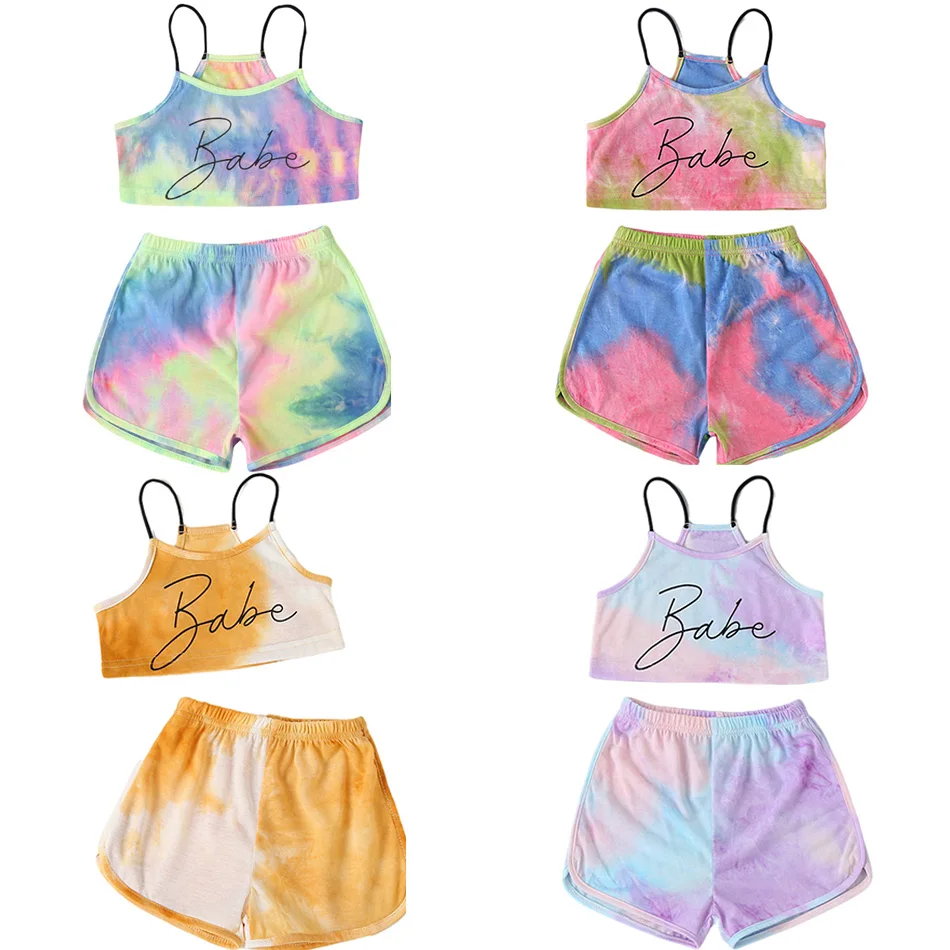 

New Baby Girls Outfits 2-Piece Set Summer Fashion Polyester Fiber Sling Camisole + Colourful Shorts Suit