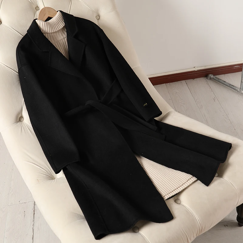 2019 Double-sided Cashmere Overcoat Female Long Style Skinny Korean 100% Wool Fabric Solid Belt Fashion | Женская одежда