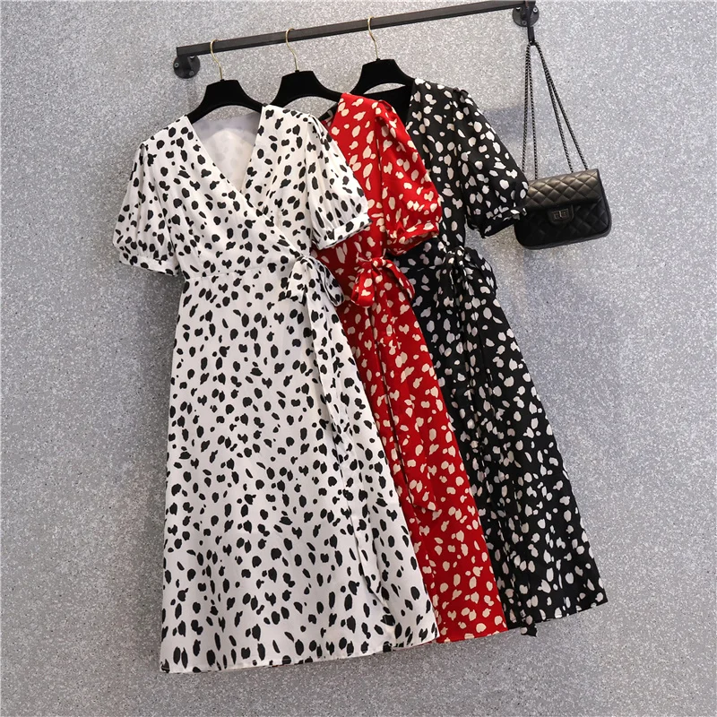 

HANBEIGANG 2021 summer women's bohemian polka dot bandage dress short sleeve V-neck high waist beach dress temperament printing