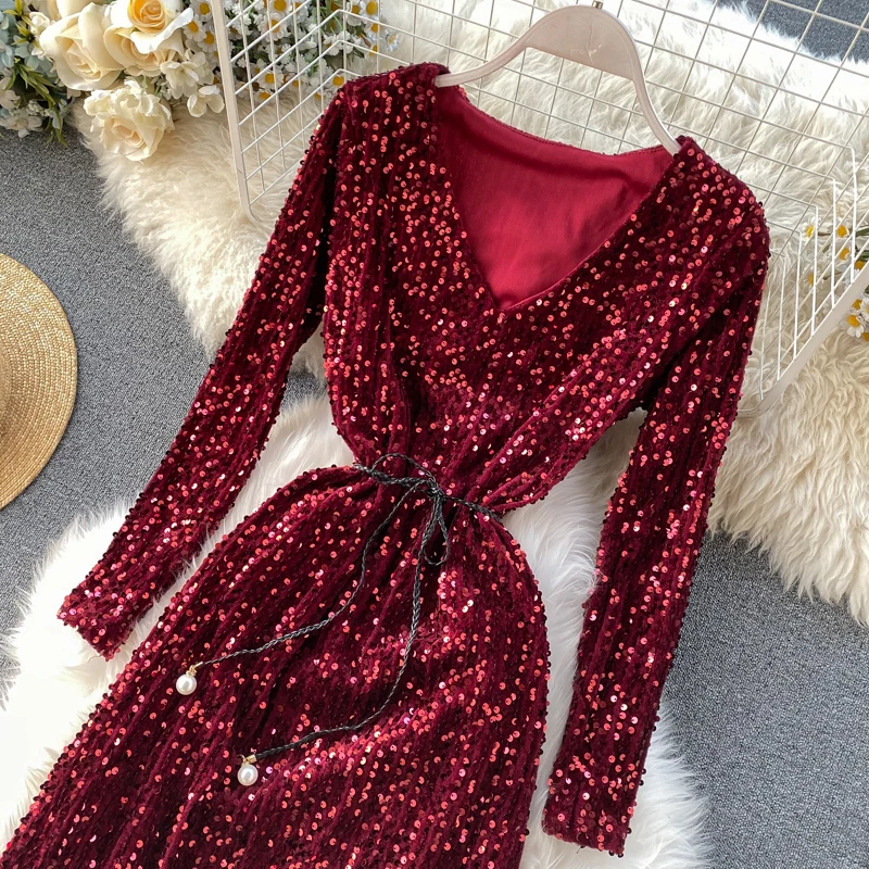 

European 2020 Spring Autumn New Women's Bright Sequined Long Dress Vintage Shining Bling Party Dress For Female Fashion Vestidos