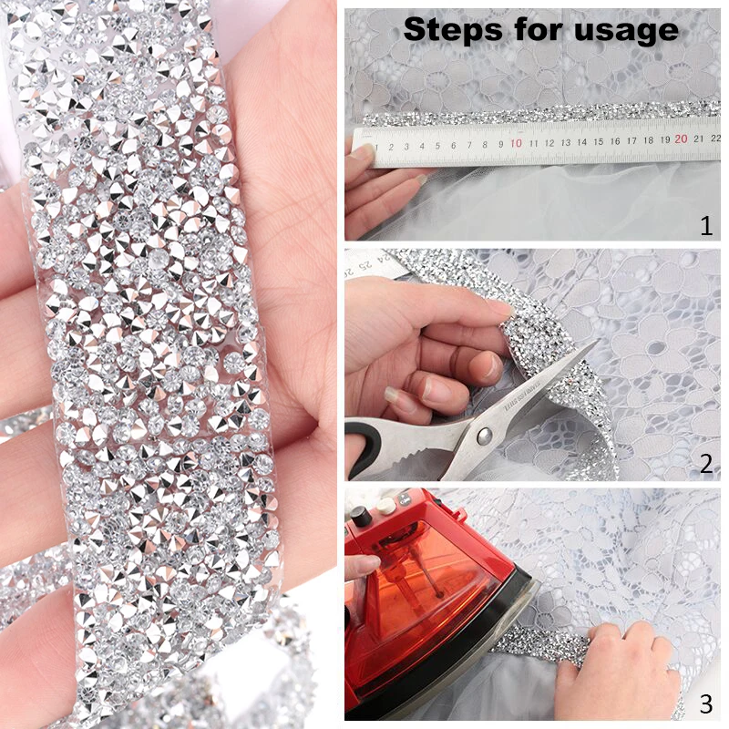 1 ярд Вышивание отделкой с украшением в виде кристаллов Стразы горячей фиксации