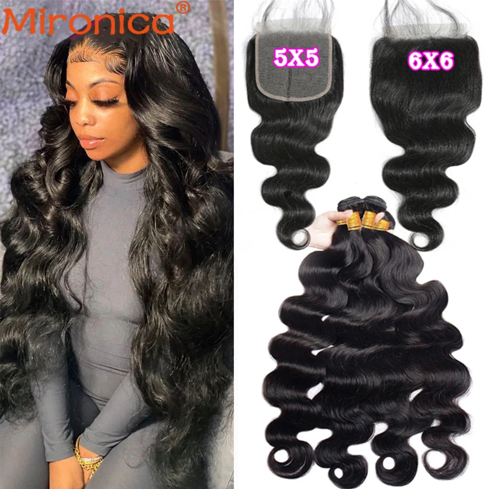 

Mironica Body Wave Bundles With Closures 5x5 6x6 Brazilian Remy Human Hair Lace Frontal Closure With Bundles For Black Women