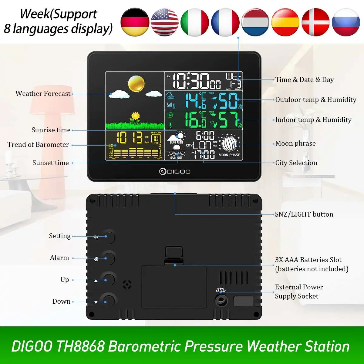 digoo dg th8868 indoor outdoor wireless digital weather station sensor temperature instruments hygrometer thermometer clock free global shipping
