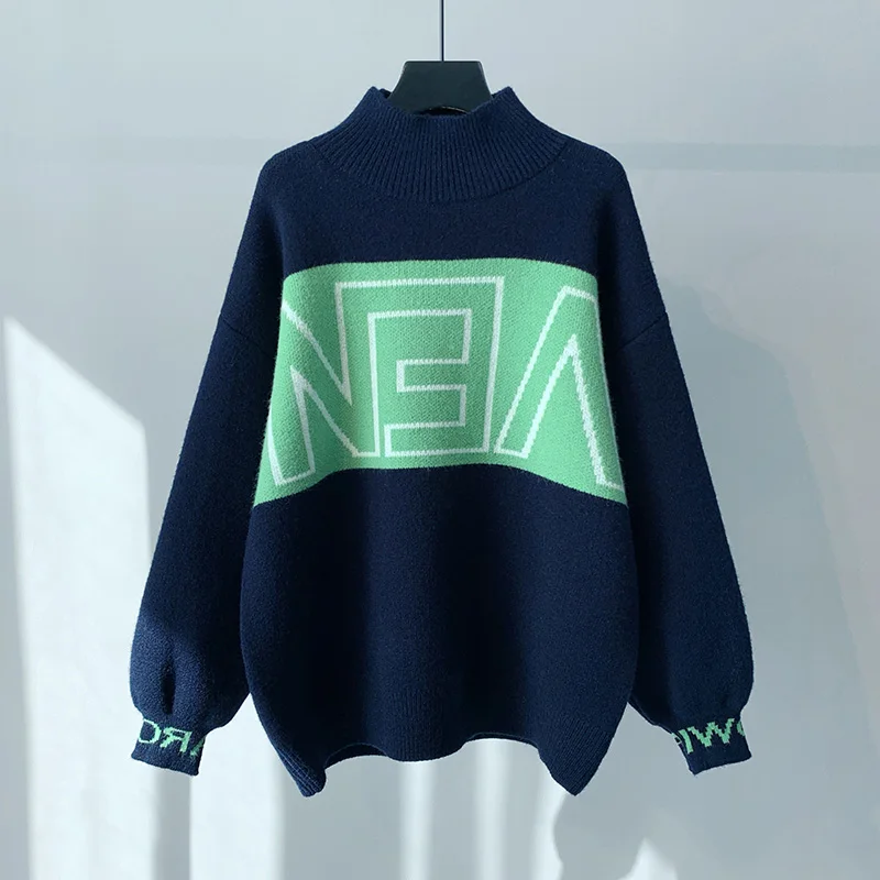 

2021 New Autumn Women's Mock Neck Sweater Pullovers Contrast Color Lantern Sleeve Letter Print Knitted Top Casual Knitwear