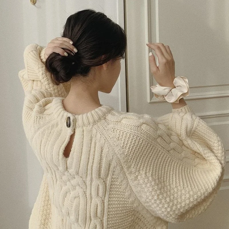 Woherb Vintage Round Neck Pullover Women'S Sweater 2021 Autumn Winter Lazy Loose Long-Sleeved Solid Casual Warm Knitted | Женская