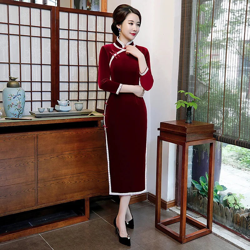 Женское бархатное платье Чонсам с длинным рукавом традиционное китайское чонсам