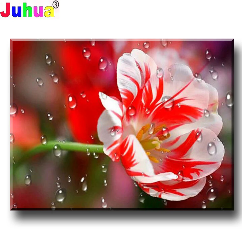 

Камни в форме ромба/круглый дрель 5D DIY алмазная живопись "красный цветок лилии росы" 3D Алмазная вышивка Стразы Вышивка крестом домашний деко...