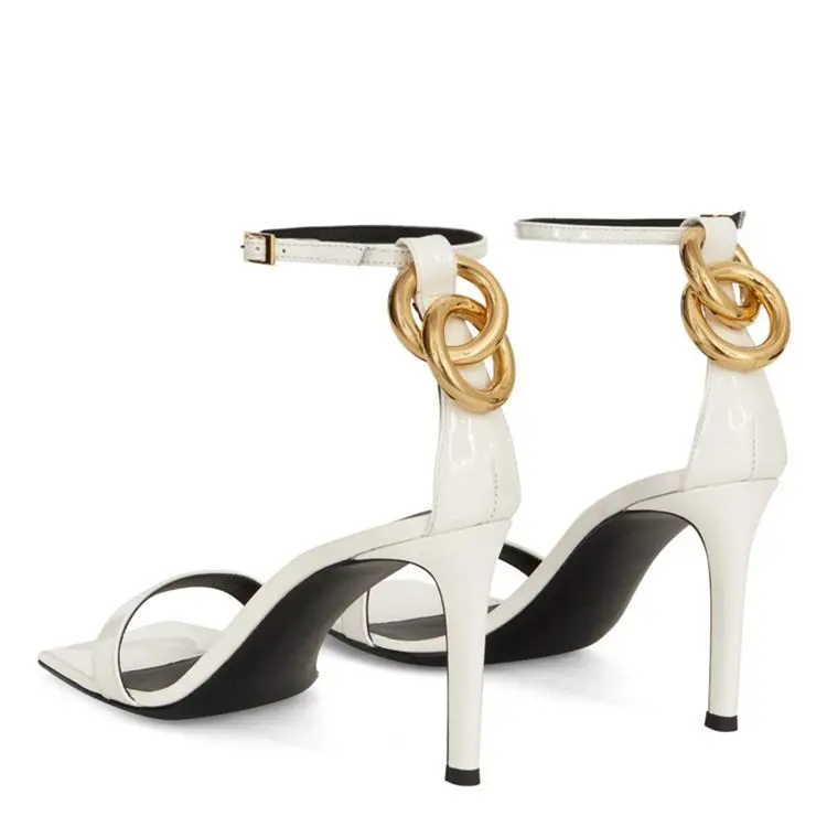 

Square Toe White Leather Women Sandals Gold Chains Decor Ankle Strap Summer Shoes Sexy 7cm High Heels Sandalias Femmes Lady Pump