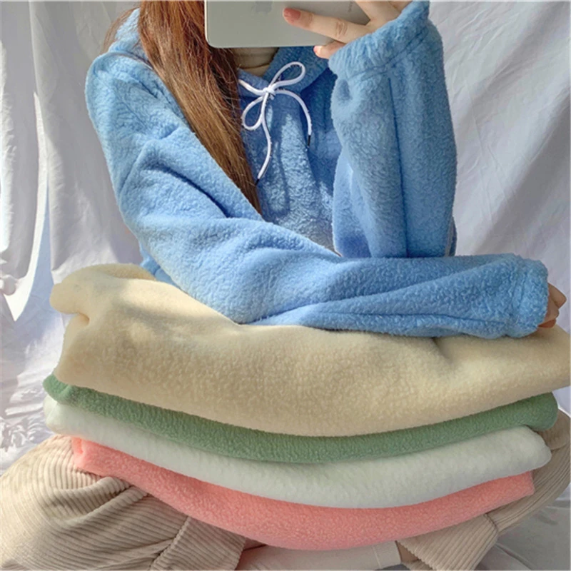 

2021 Autumn Casual Sweatshirts Hoodies Women Winter Plush Warm Fluffy Double Hoodies Pullover Loose Soft Thick Hoodie Tops
