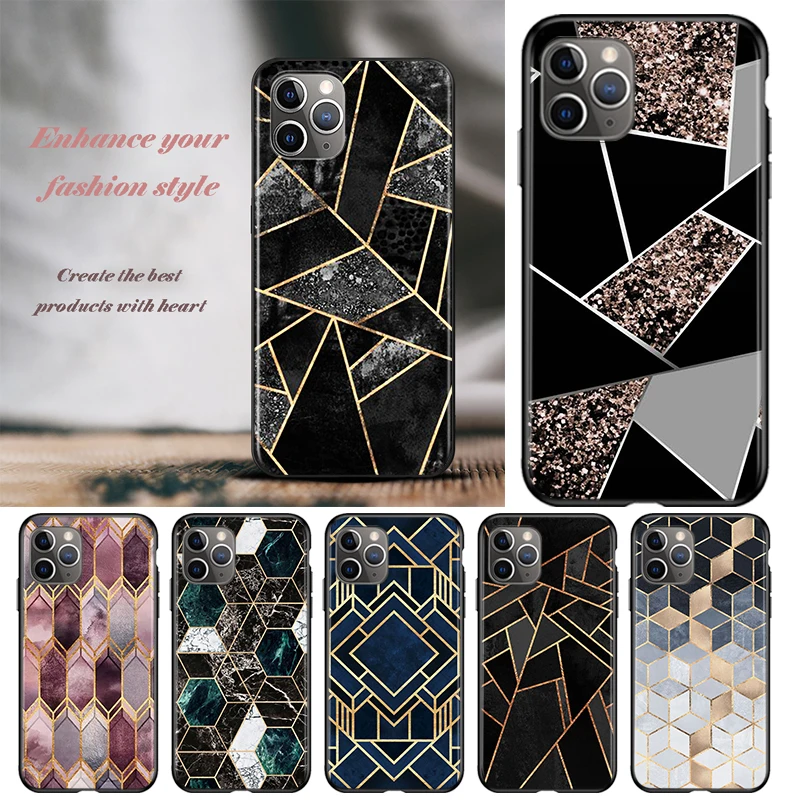 

For Apple iPhone 13 12 11 SE XS XR X 7 8 6 5 S mini Plus Pro MAX 2020 Phone Case Marble Geometric Soft Black Cover