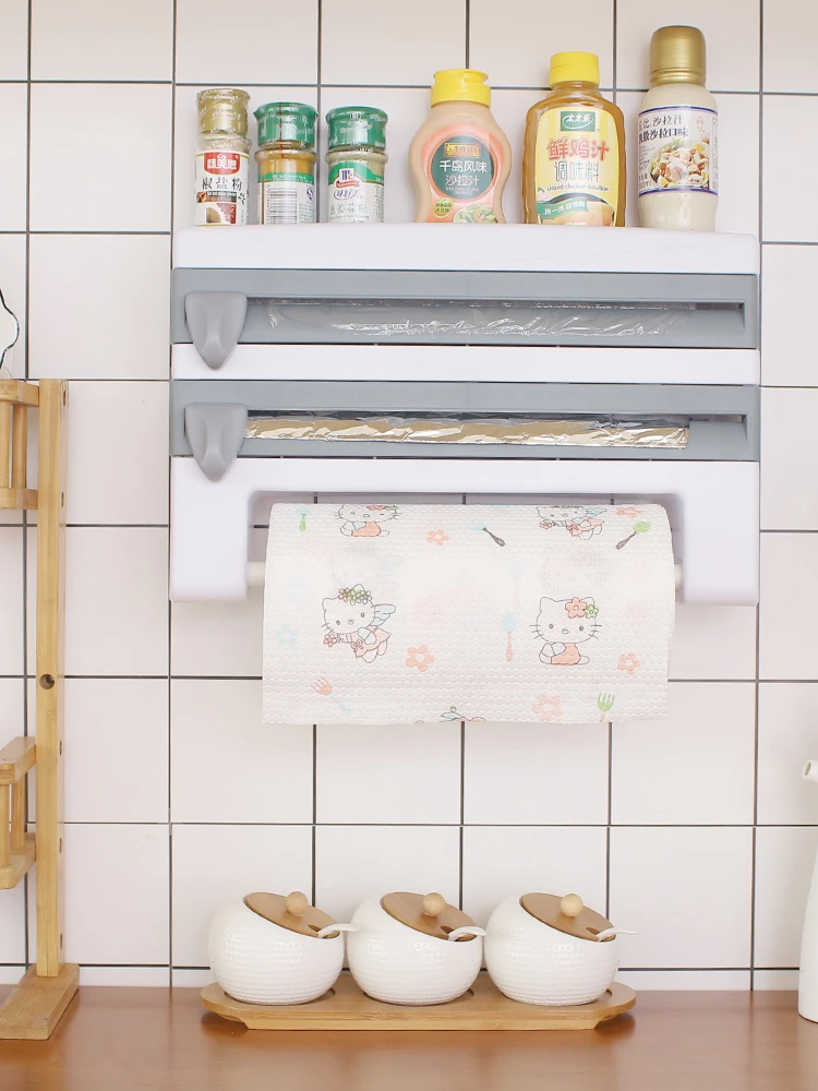 

Organizer for Kitchen 4 in1 Wall-Mount Paper Towel Holder Sauce Bottle Storage Film Cutter Tin Foil Rack Kitchen Organization