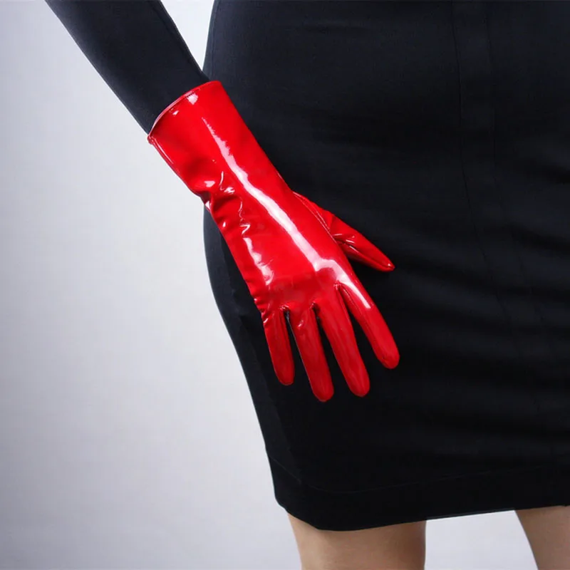 

Patent Leather Red Gloves 28cm Bright Red Big Red Medium And Long Section Warm Emulation Genuine Leather Bright Leather PU96