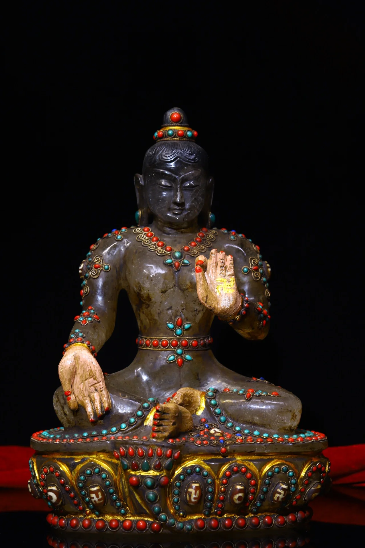 

11"Tibet Temple Collection Old Natural Crystal Tracing Filigree mosaic Gem Dzi Bead Shakyamuni Buddha Sitting Buddha Enshrine