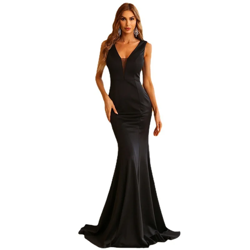 

Женское шифоновое платье без рукавов, черное элегантное платье на бретельках с высокой талией и глубоким V-образным вырезом, вечернее празд...