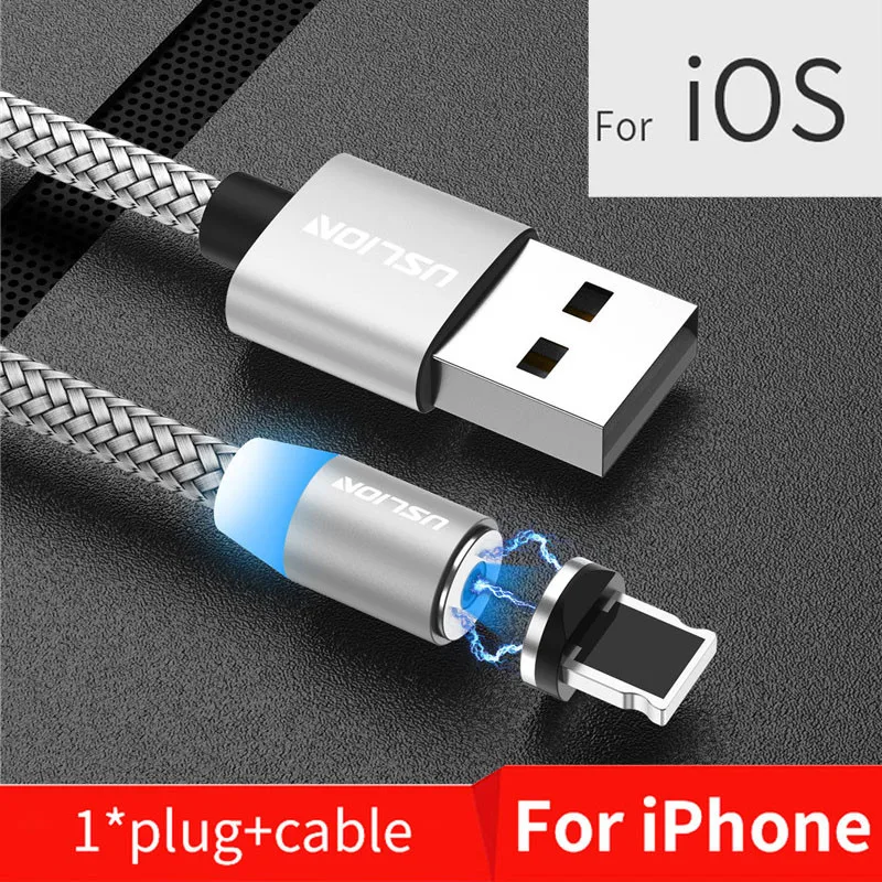 USLION 2 м Магнитный кабель для быстрой зарядки Micro usb type C зарядное устройство для iPhone XS X 8 7 samsung S10 9 магнит Android телефонный кабель 3 м - Цвет: Silver For IOS