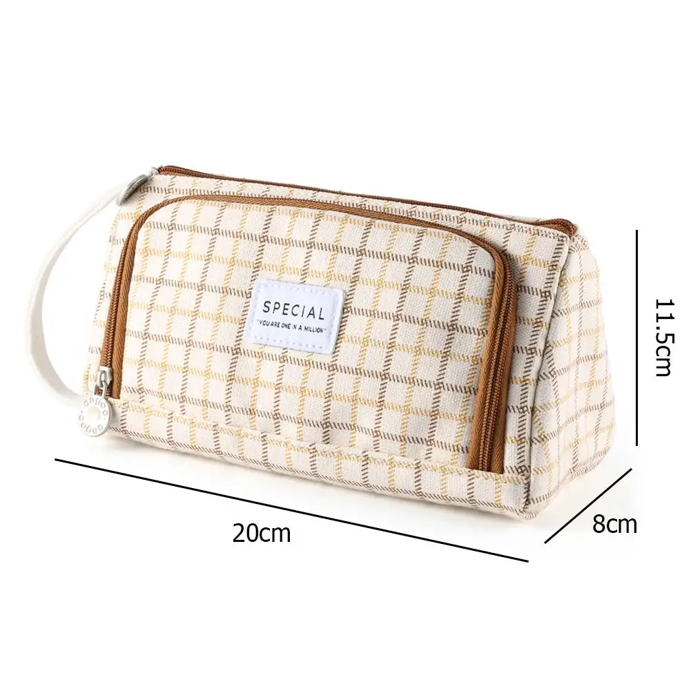 

Multifunction Canvas Stationery Candy-colored Cotton Hemp Easy to Clean Large Capacity Bags Simple Lattice Cosmetic Box