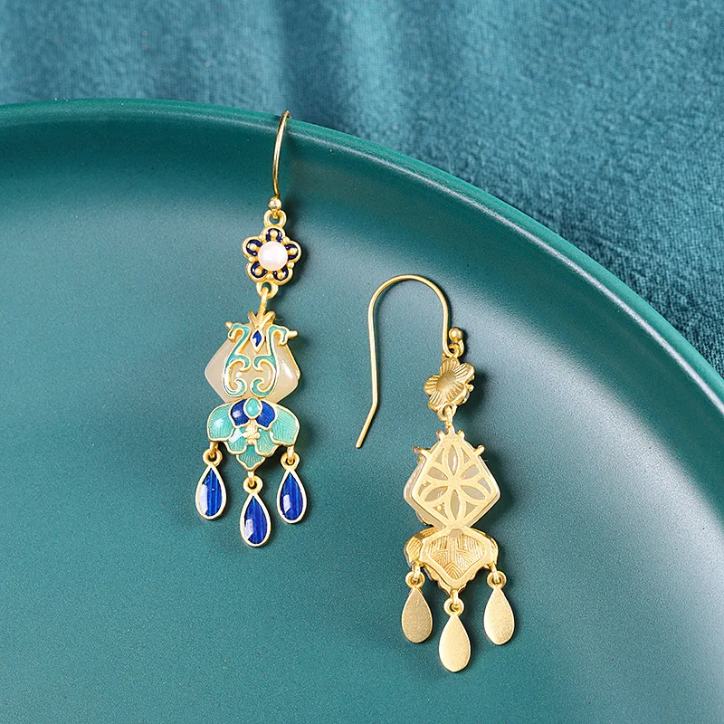 

S925 Silver Gold-plated Palace Style Gorgeous and Retro Women's Hetian Jade Earrings