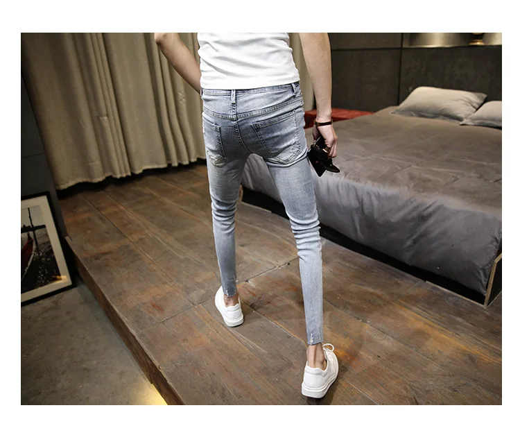NEW spring autumn skinny strech Casual ripped hole fashion black teenagers hip hop cowboy denim leg jeans men pencil pants