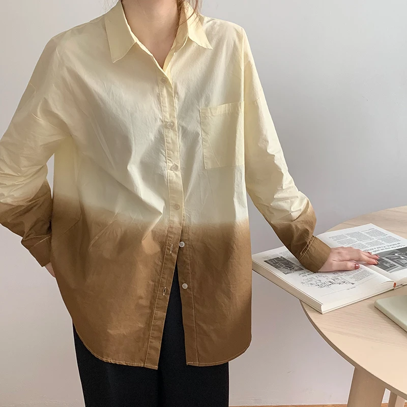 

HziriP Oversize Dying Full Sleeves Outwear 2021 Tops Loose Stylish All Match Office Lady Chic Femme Streetwear Hot Brief Shirts