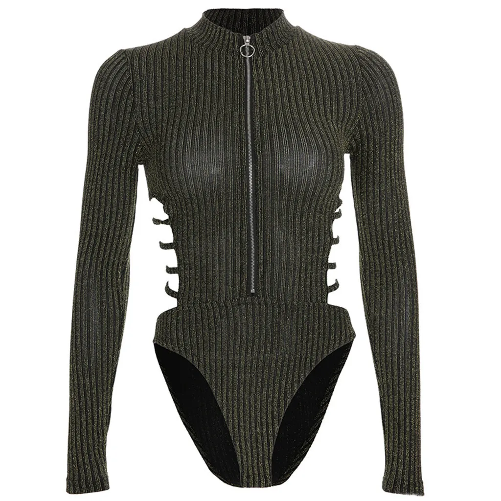 Womens Sexy Bodysuit Collar Zipper Bottoming Hollow Out Long Sleeve Slim Jumpsuit комбинезон женский#GH | Женская